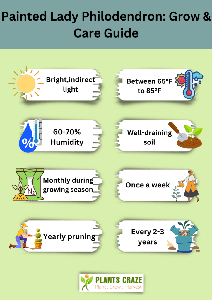 Infographics mentioning basic care requirement of Painted Lady Philodendron.