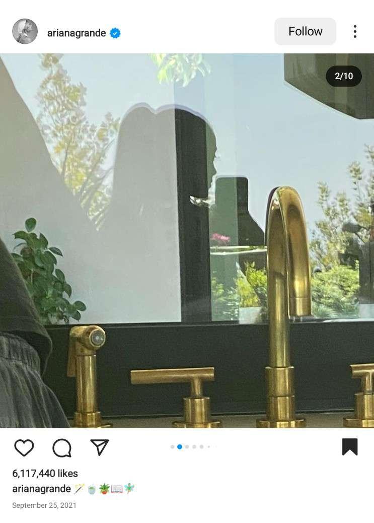 Window having the shadow of Ariana Grande with some plants visible outside it.