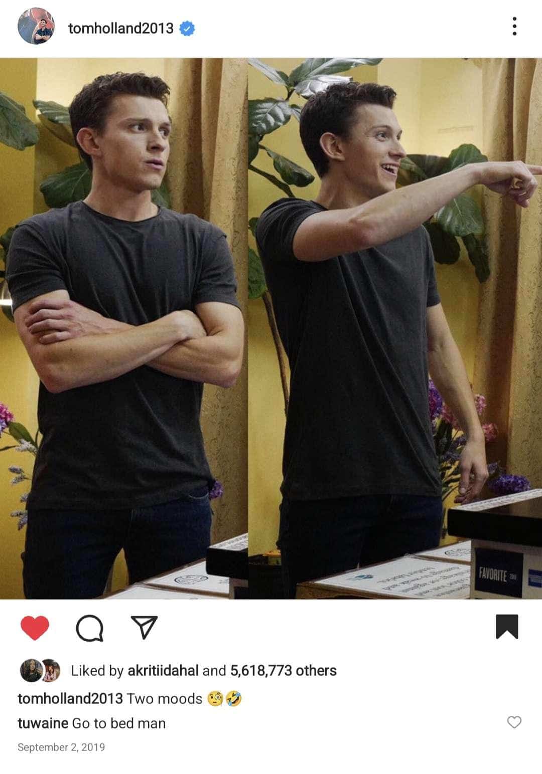 Tom Holland in one picture is folding is hand while in the other he is pointing at something with a smiling face.