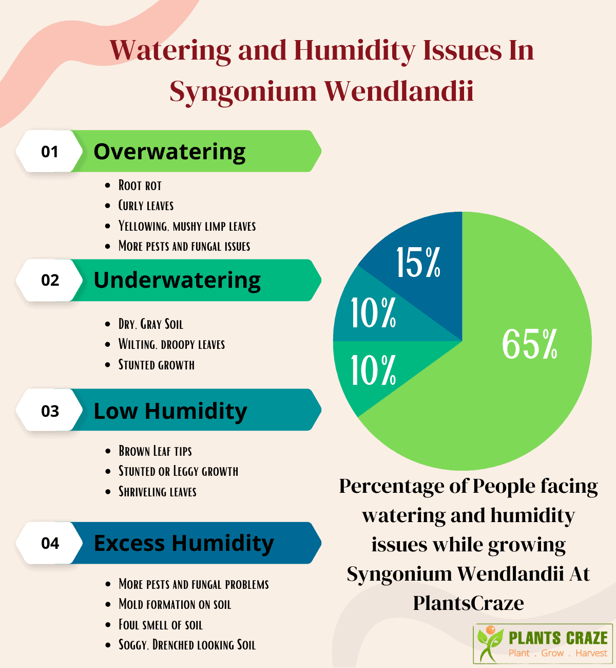 Pie chart about number of peoples facing watering and humidity issues growing Syngonium wendlandii