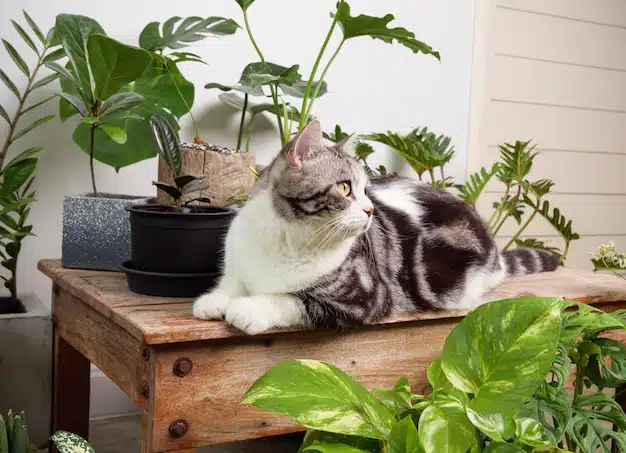 Cat sitting near indoor plants