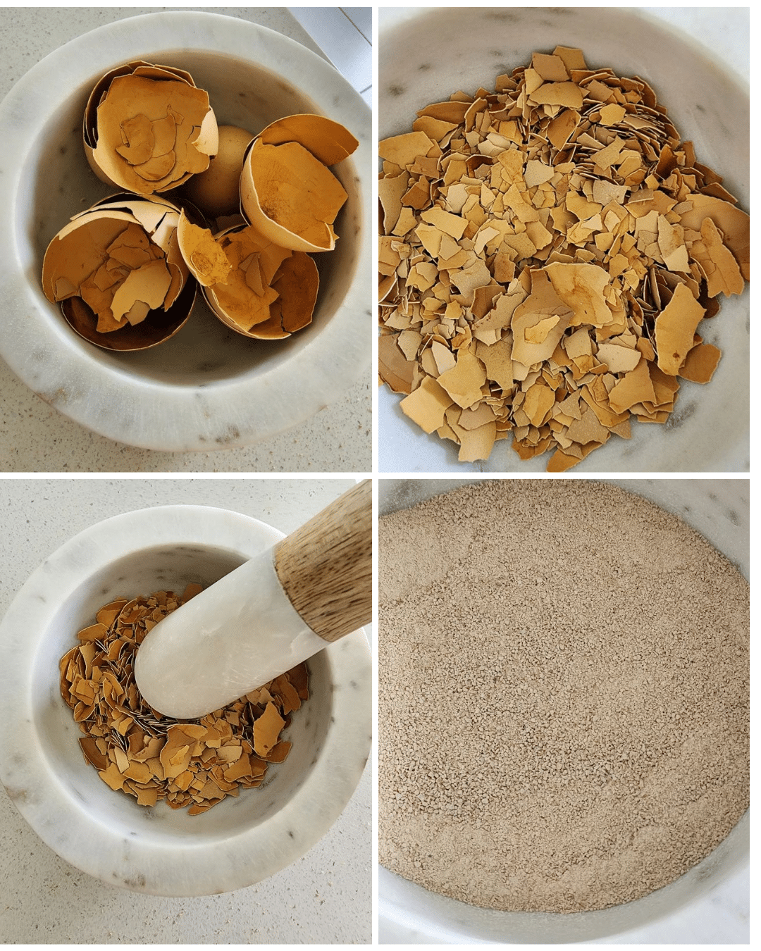 Photos showing different step of making egg shell powder.